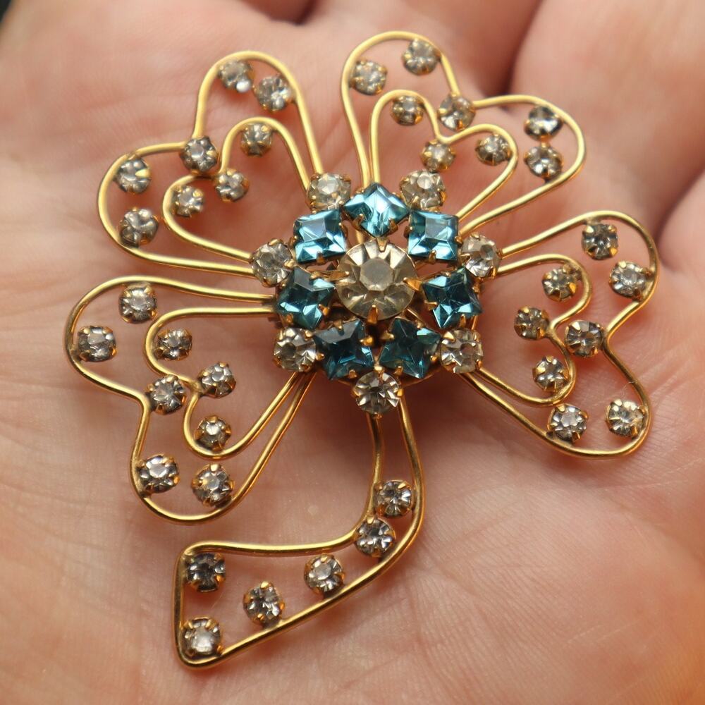 Vintage Gold Filled Shamrock or Flower Harper Rhinestone Brooch-Pendant